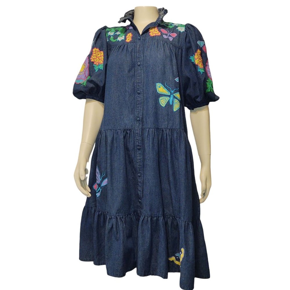 Vtg Southern Image Smock Dress Blue Denim Applique Small Puffed Sleeves